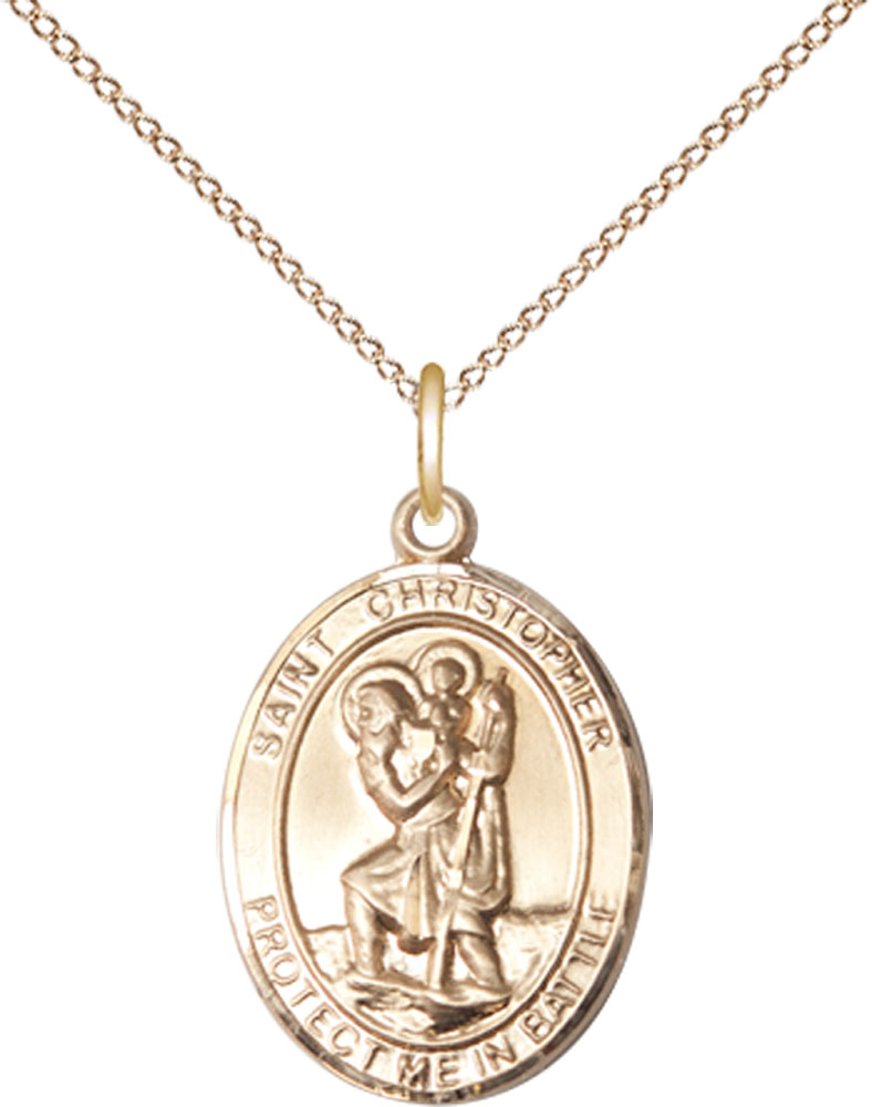 14kt Gold Filled Saint Christopher Pendant on a 18 inch Gold Filled Light Curb chain