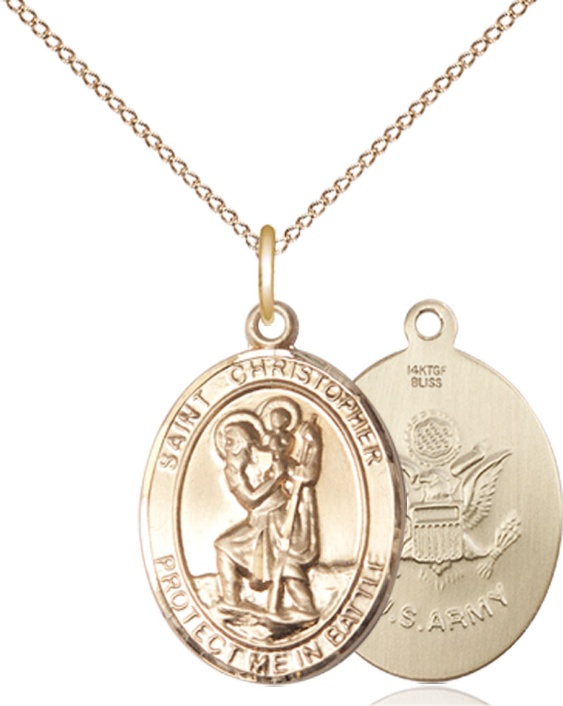 14kt Gold Filled Saint Christopher Army Pendant on a 18 inch Gold Filled Light Curb chain