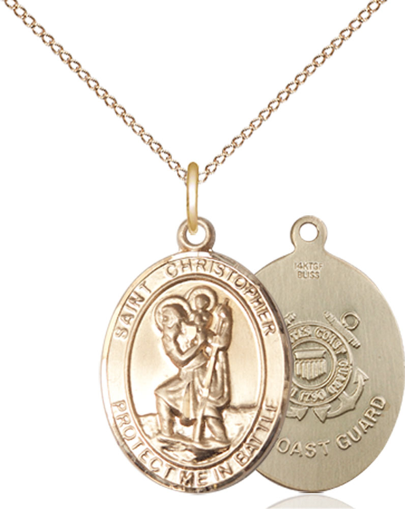 14kt Gold Filled Saint Christopher Coast Guard Pendant on a 18 inch Gold Filled Light Curb chain