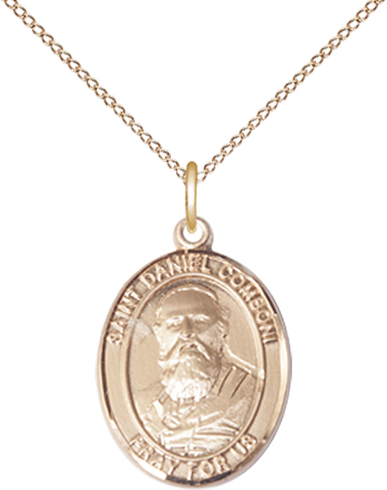 14kt Gold Filled Saint Daniel Comboni Pendant on a 18 inch Gold Filled Light Curb chain