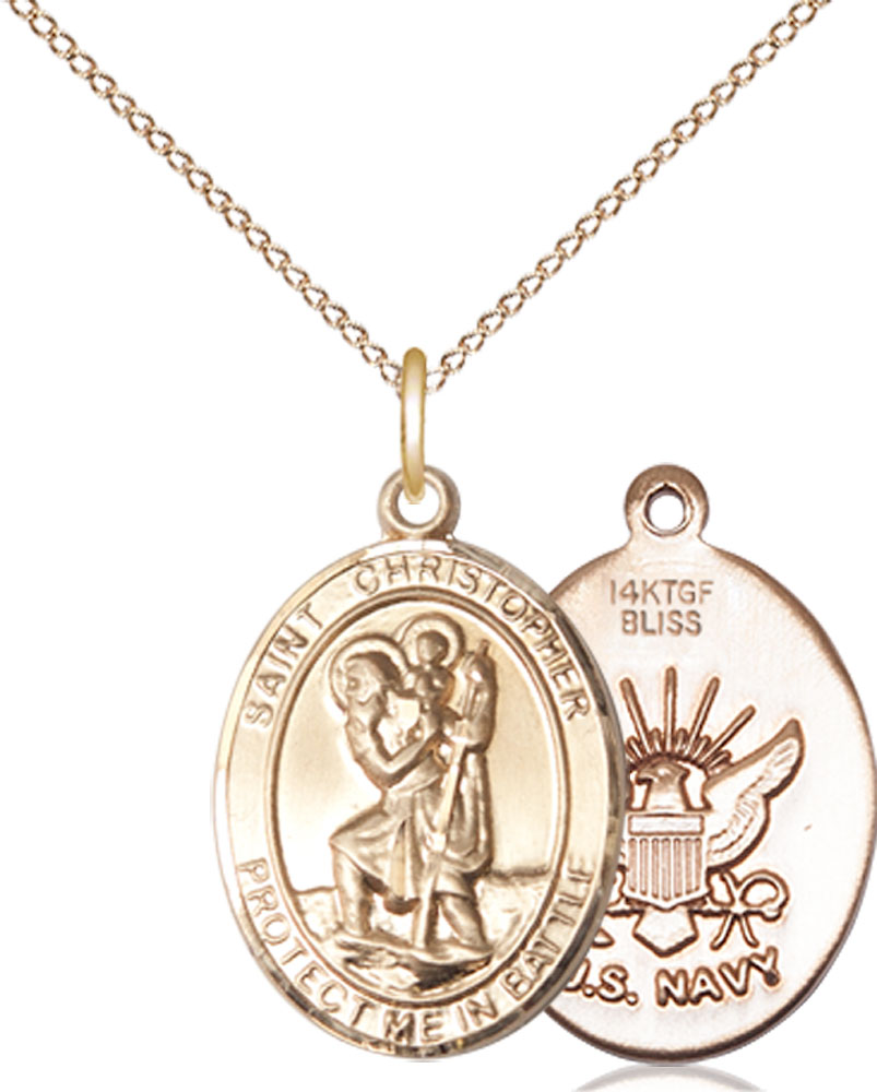 14kt Gold Filled Saint Christopher Navy Pendant on a 18 inch Gold Filled Light Curb chain