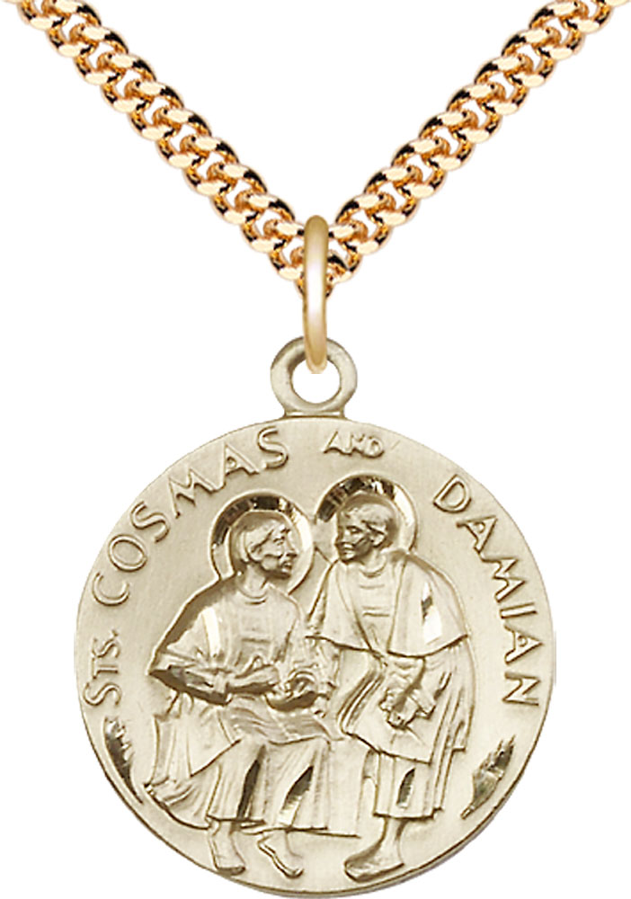 14kt Gold Filled Saints Cosmas &amp; Damian Pendant on a 24 inch Gold Plate Heavy Curb chain