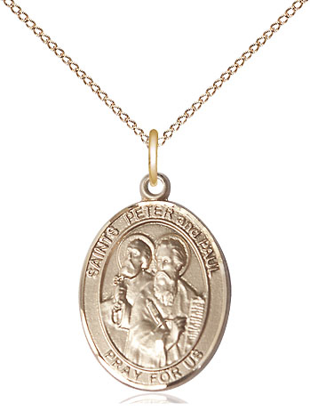 14kt Gold Filled Saint Peter St Paul Pendant on a 18 inch Gold Filled Light Curb chain