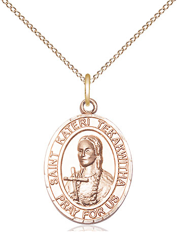 14kt Gold Filled Saint Kateri Tekakwitha Pendant on a 18 inch Gold Filled Light Curb chain