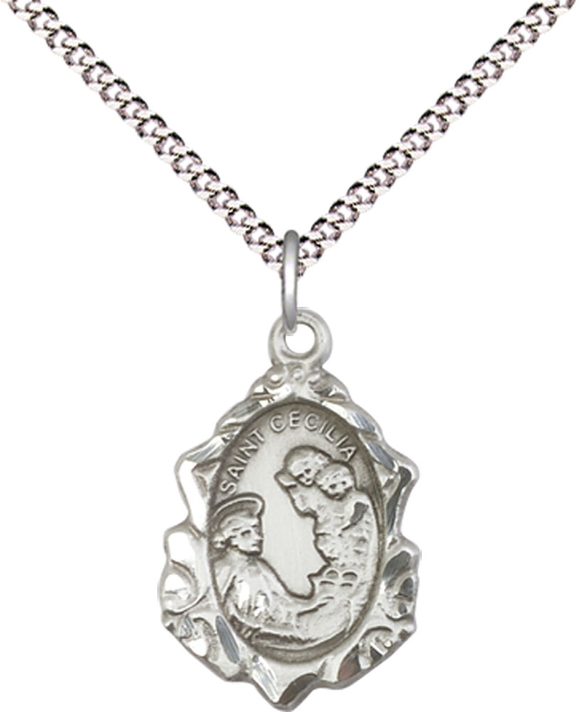 Sterling Silver Saint Cecilia Pendant on a 18 inch Light Rhodium Light Curb chain