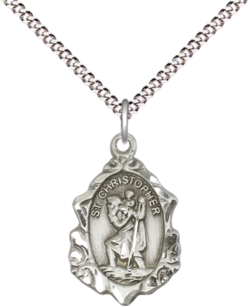 Sterling Silver Saint Christopher Pendant on a 18 inch Light Rhodium Light Curb chain