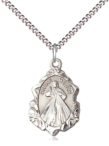 Sterling Silver Divine Mercy Pendant on a 18 inch Light Rhodium Light Curb chain