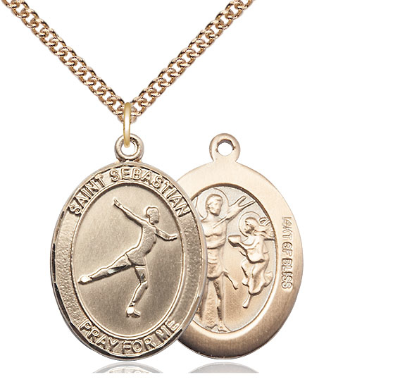14kt Gold Filled Saint Sebastian Figure Skating Pendant on a 24 inch Gold Filled Heavy Curb chain