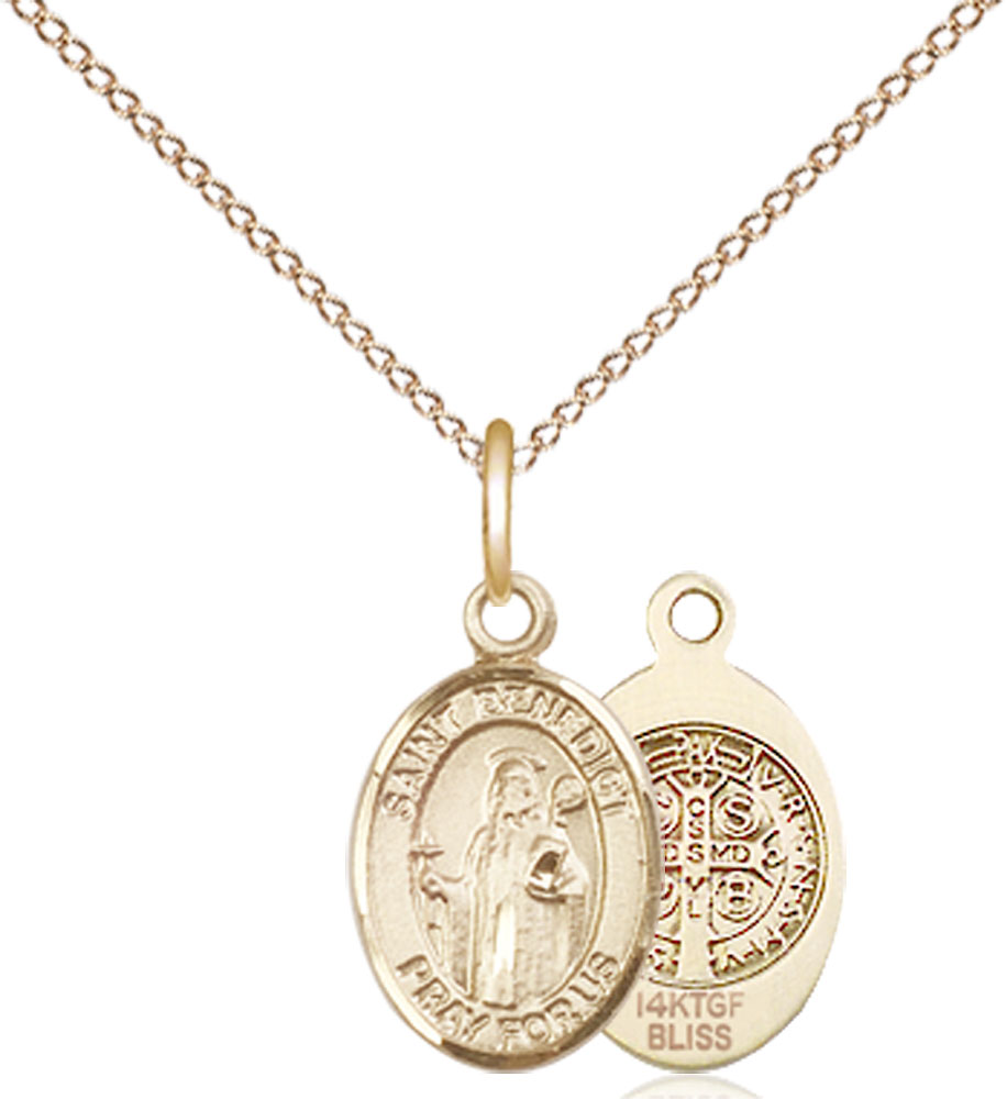 14kt Gold Filled Saint Benedict Pendant on a 18 inch Gold Filled Light Curb chain