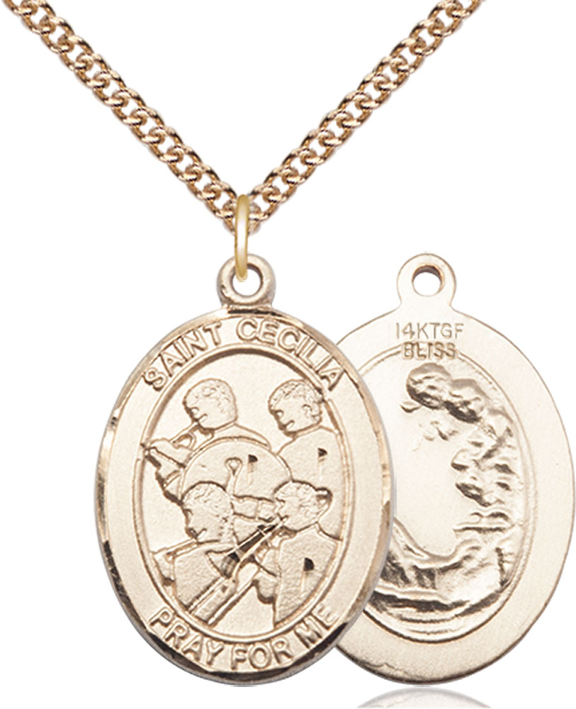 14kt Gold Filled Saint Cecilia Marching Band Pendant on a 24 inch Gold Filled Heavy Curb chain