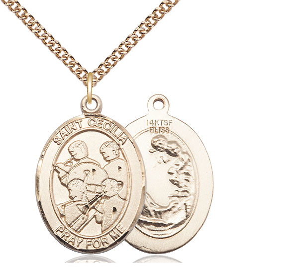 14kt Gold Filled Saint Cecilia Marching Band Pendant on a 24 inch Gold Filled Heavy Curb chain
