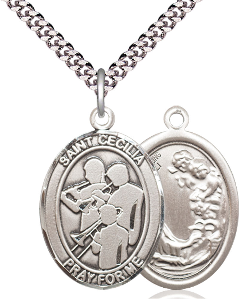 Sterling Silver Saint Cecilia Marching Band Pendant on a 24 inch Light Rhodium Heavy Curb chain