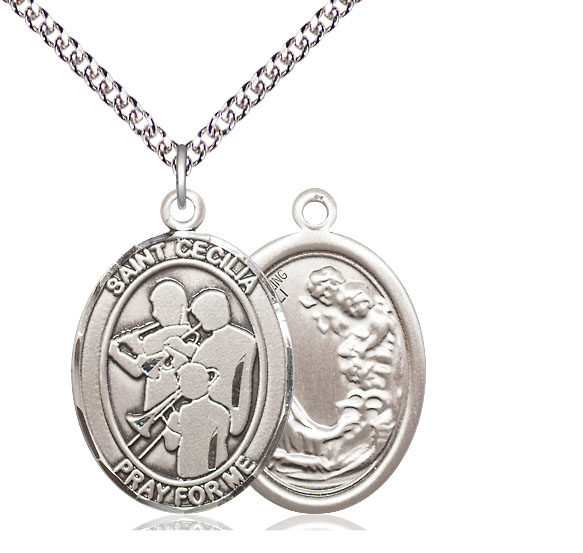 Sterling Silver Saint Cecilia Marching Band Pendant on a 24 inch Sterling Silver Heavy Curb chain