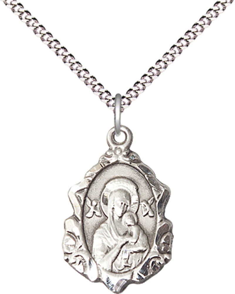 Sterling Silver Our Lady of Perpetual Help Pendant on a 18 inch Light Rhodium Light Curb chain