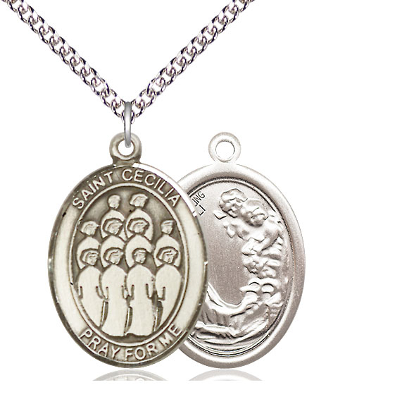 Sterling Silver Saint Cecilia Choir Pendant on a 24 inch Sterling Silver Heavy Curb chain