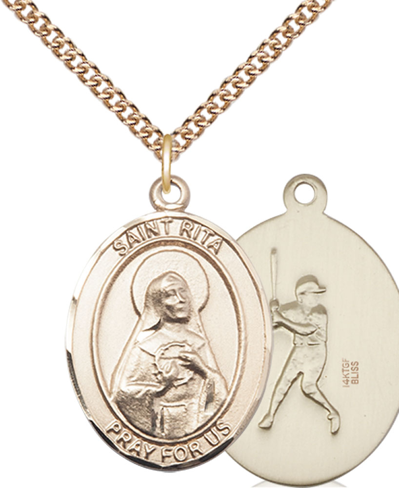 14kt Gold Filled Saint Rita Baseball Pendant on a 24 inch Gold Filled Heavy Curb chain