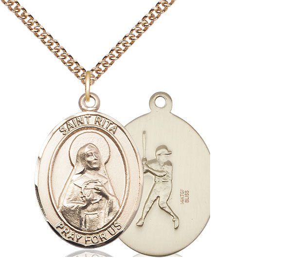 14kt Gold Filled Saint Rita Baseball Pendant on a 24 inch Gold Filled Heavy Curb chain