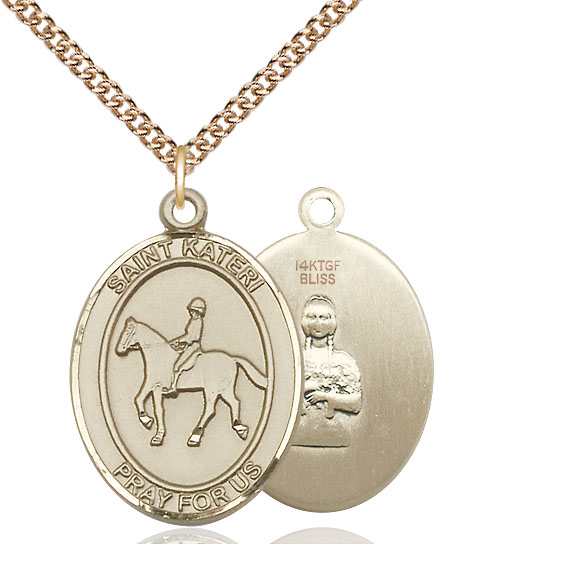 14kt Gold Filled Saint Kateri Equestrian Pendant on a 24 inch Gold Filled Heavy Curb chain