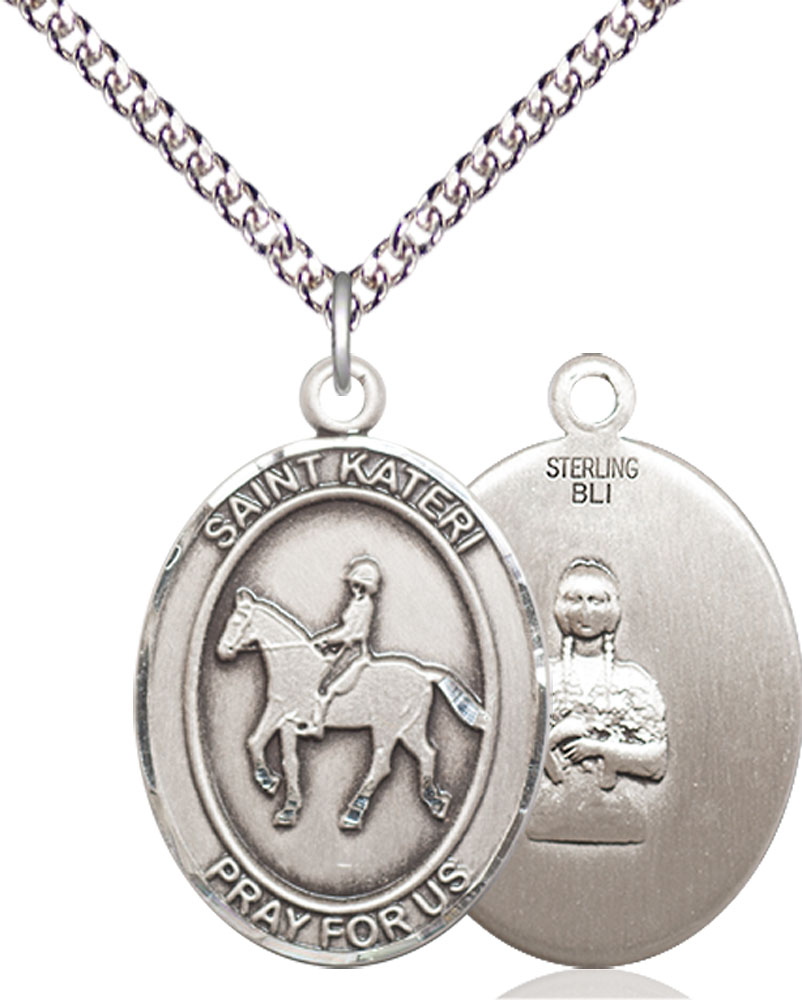 Sterling Silver Saint Kateri Equestrian Pendant on a 24 inch Sterling Silver Heavy Curb chain