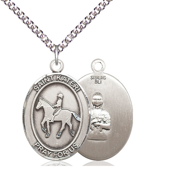 Sterling Silver Saint Kateri Equestrian Pendant on a 24 inch Sterling Silver Heavy Curb chain