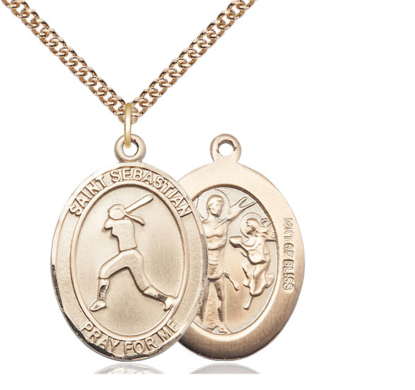 14kt Gold Filled Saint Sebastian  Softball Pendant on a 24 inch Gold Filled Heavy Curb chain