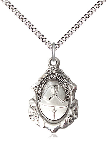 Sterling Silver Saint Katharine Drexel Pendant on a 18 inch Light Rhodium Light Curb chain