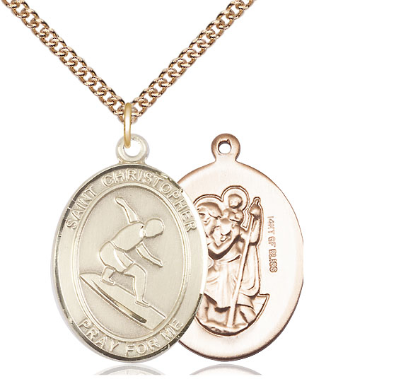 14kt Gold Filled Saint Christopher Surfing Pendant on a 24 inch Gold Filled Heavy Curb chain