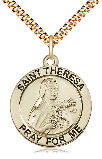 14kt Gold Filled Saint Theresa Pendant on a 24 inch Gold Plate Heavy Curb chain