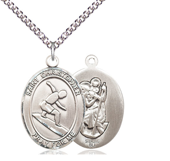 Sterling Silver Saint Christopher Surfing Pendant on a 24 inch Sterling Silver Heavy Curb chain