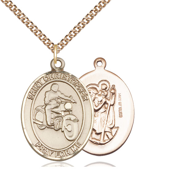 14kt Gold Filled Saint Christopher Motorcycle Pendant on a 24 inch Gold Filled Heavy Curb chain