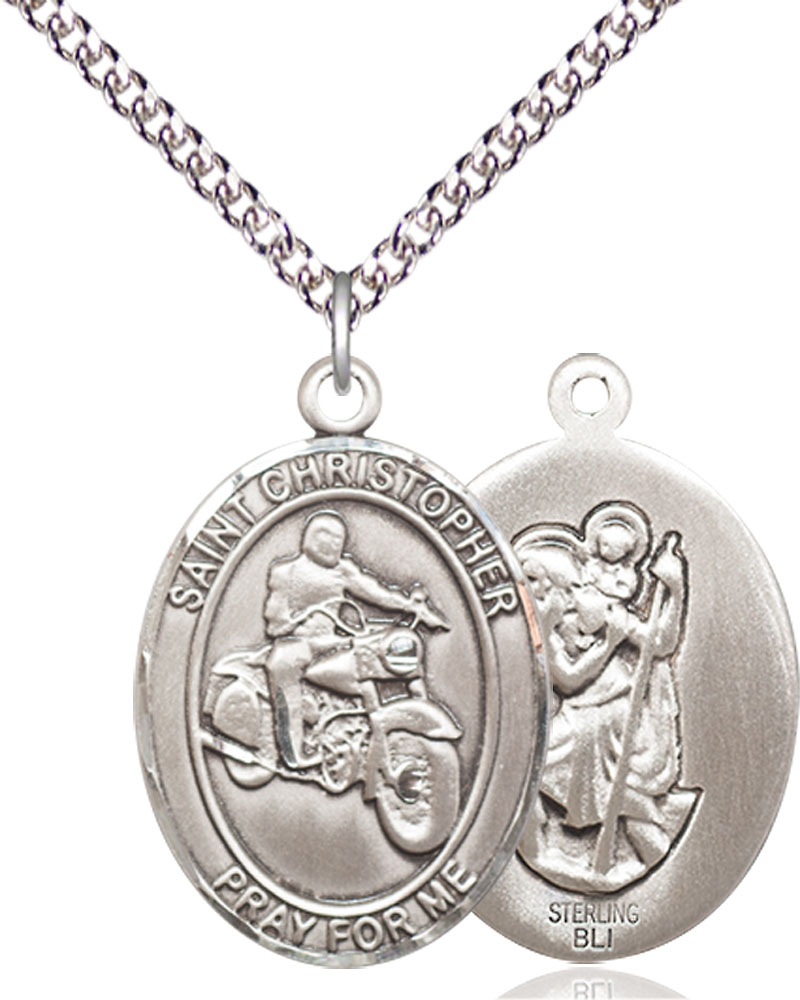 Sterling Silver Saint Christopher Motorcycle Pendant on a 24 inch Sterling Silver Heavy Curb chain