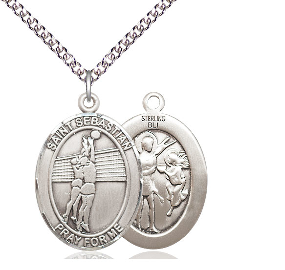 Sterling Silver Saint Sebastian Volleyball Pendant on a 24 inch Sterling Silver Heavy Curb chain