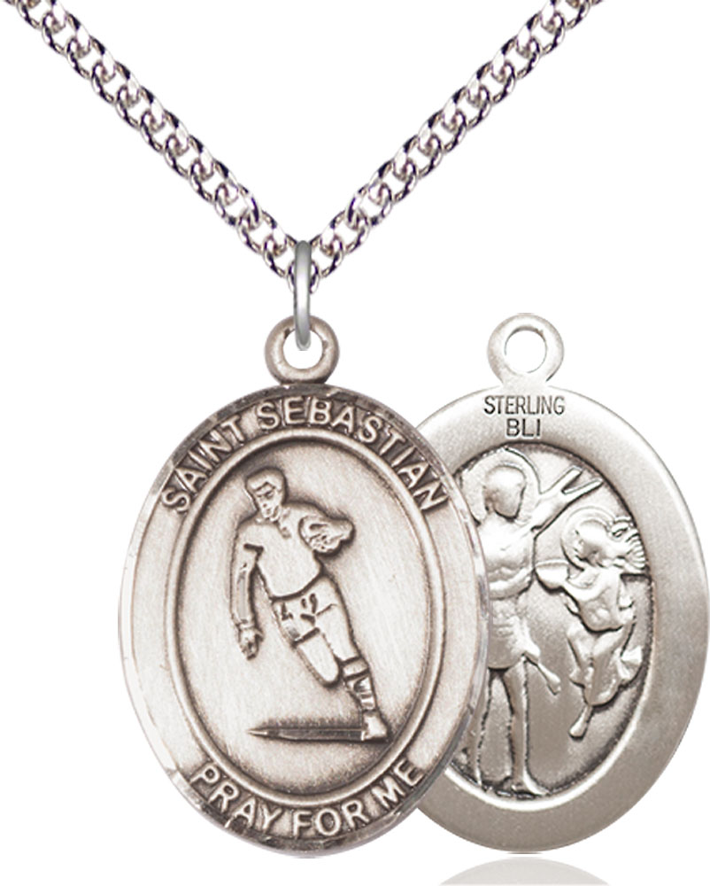 Sterling Silver Saint Sebastian Rugby Pendant on a 24 inch Sterling Silver Heavy Curb chain