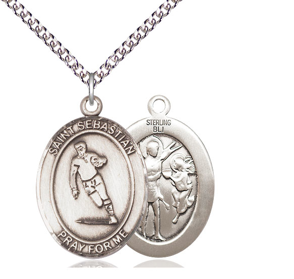Sterling Silver Saint Sebastian Rugby Pendant on a 24 inch Sterling Silver Heavy Curb chain