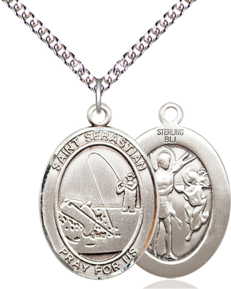 Sterling Silver Saint Sebastian Fishing Pendant on a 24 inch Sterling Silver Heavy Curb chain