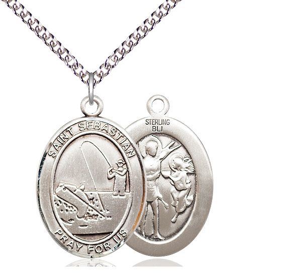 Sterling Silver Saint Sebastian Fishing Pendant on a 24 inch Sterling Silver Heavy Curb chain