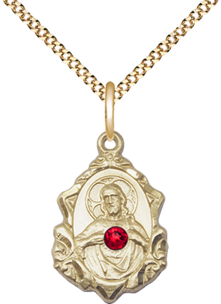 14kt Gold Filled Scapular w/ Ruby Stone Pendant with a 3mm Ruby Swarovski stone on a 18 inch Gold Plate Light Curb chain
