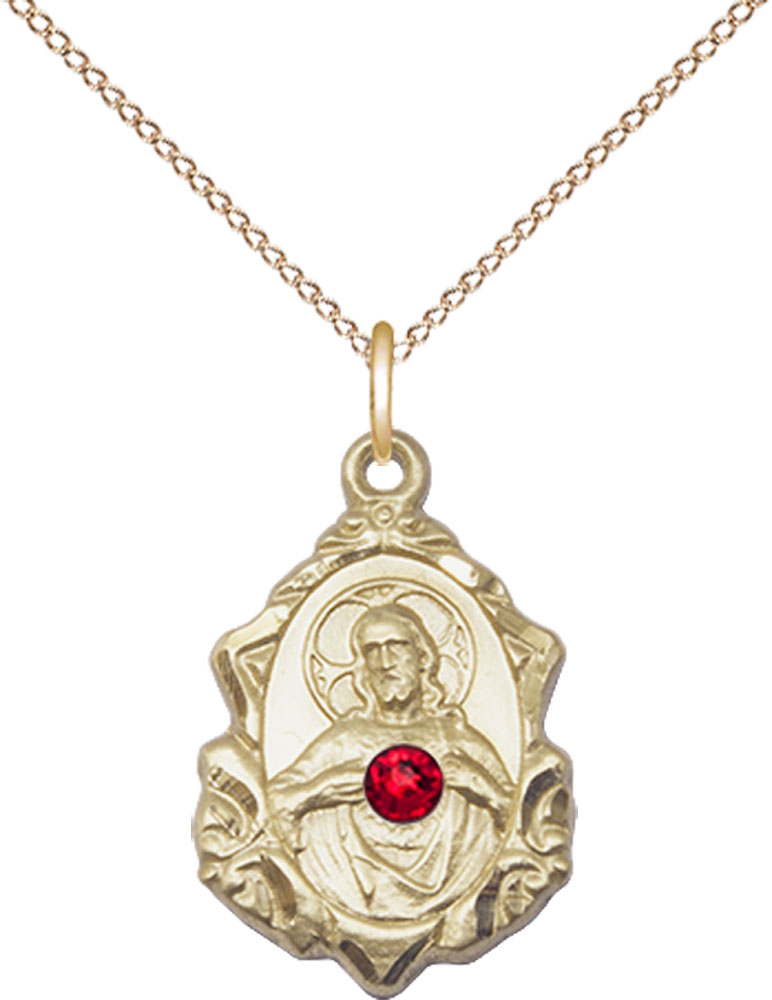 14kt Gold Filled Scapular w/ Ruby Stone Pendant with a 3mm Ruby Swarovski stone on a 18 inch Gold Filled Light Curb chain