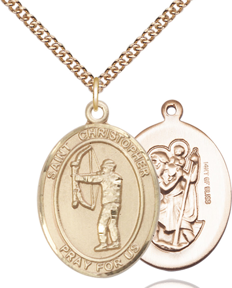 14kt Gold Filled Saint Christopher Archery Pendant on a 24 inch Gold Filled Heavy Curb chain