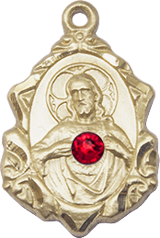 14kt Gold Scapular w/ Ruby Stone Medal with a 3mm Ruby Swarovski stone
