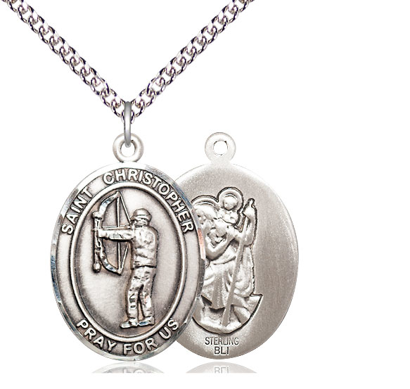 Sterling Silver Saint Christopher Archery Pendant on a 24 inch Sterling Silver Heavy Curb chain