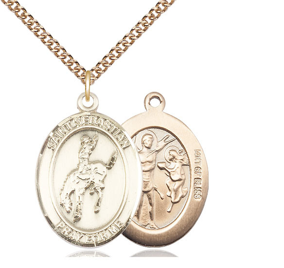 14kt Gold Filled Saint Sebastian Rodeo Pendant on a 24 inch Gold Filled Heavy Curb chain