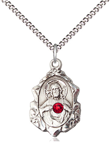 Sterling Silver Scapular w/ Ruby Stone Pendant with a 3mm Ruby Swarovski stone on a 18 inch Light Rhodium Light Curb chain