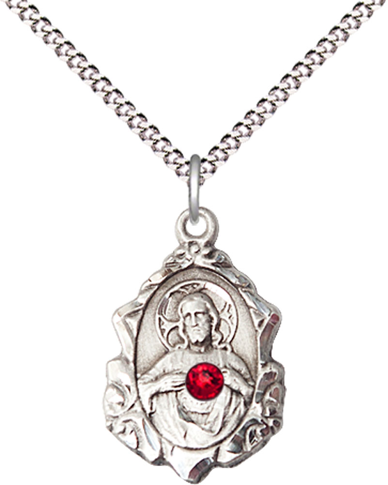 Sterling Silver Scapular w/ Ruby Stone Pendant with a 3mm Ruby Swarovski stone on a 18 inch Light Rhodium Light Curb chain