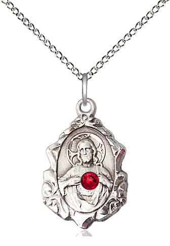Sterling Silver Scapular w/ Ruby Stone Pendant with a 3mm Ruby Swarovski stone on a 18 inch Sterling Silver Light Curb chain