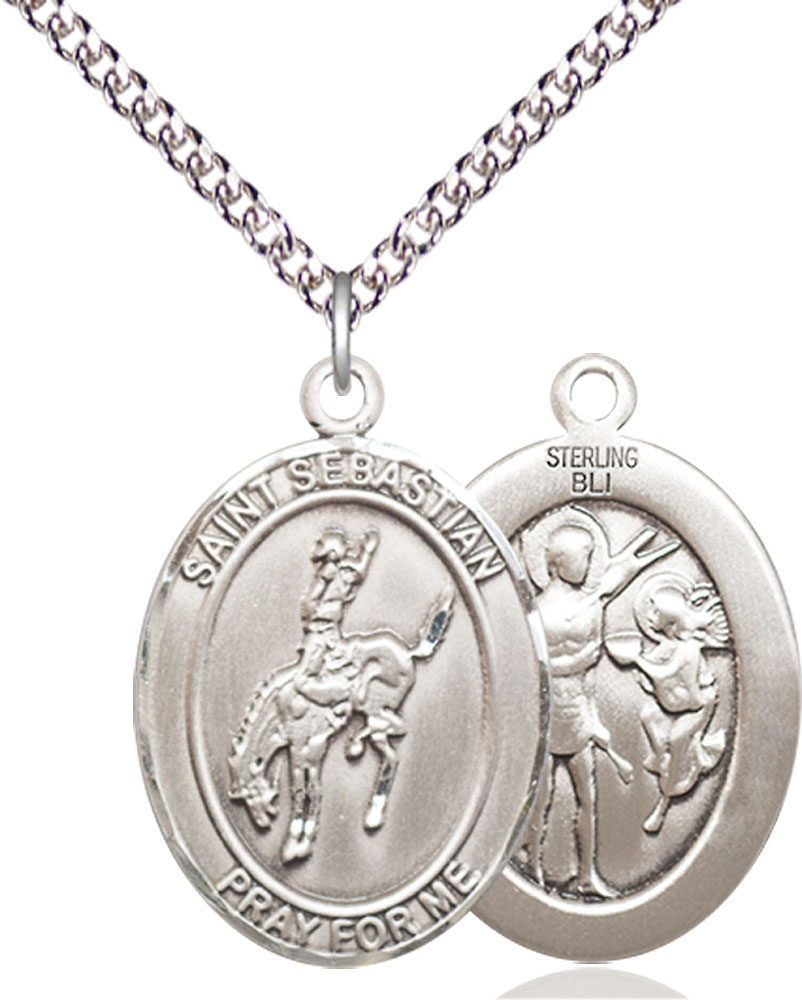 Sterling Silver Saint Sebastian Rodeo Pendant on a 24 inch Sterling Silver Heavy Curb chain
