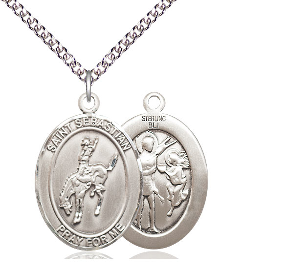 Sterling Silver Saint Sebastian Rodeo Pendant on a 24 inch Sterling Silver Heavy Curb chain
