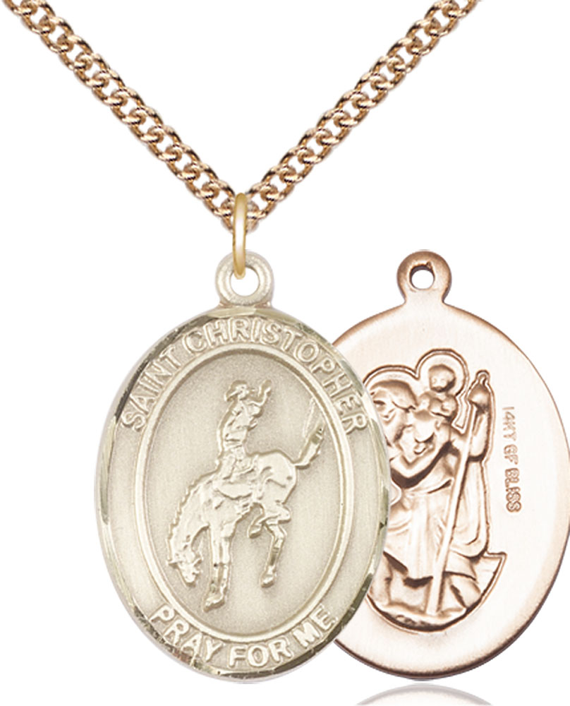 14kt Gold Filled Saint Christopher Rodeo Pendant on a 24 inch Gold Filled Heavy Curb chain
