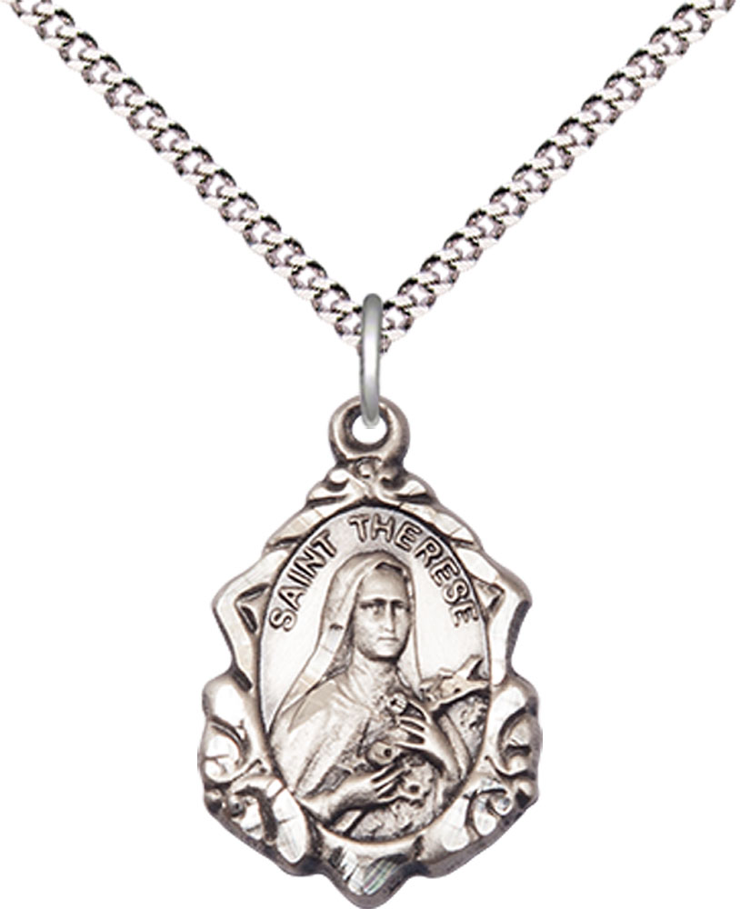 Sterling Silver Saint Therese of Lisieux Pendant on a 18 inch Light Rhodium Light Curb chain