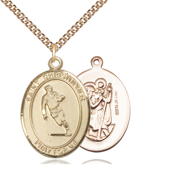 14kt Gold Filled Saint Christopher Rugby Pendant on a 24 inch Gold Filled Heavy Curb chain